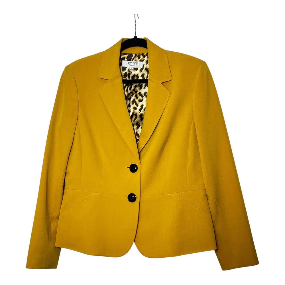 Kasper Mustard Yellow Two‎ Button Blazer Leopard Print Lining Womens Size 10